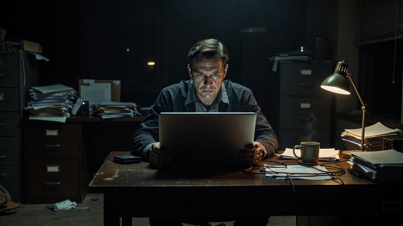 A focused business owner sits at a dark wooden desk staring intensely at a glowing laptop screen. The room features high-contrast shadows and moody lighting that emphasizes the individual's frustrated expression.
