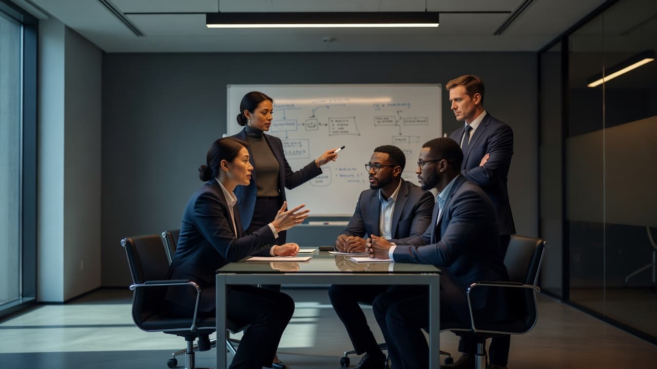 Diverse colleagues stand around a sleek glass table reviewing marketing plans. A large whiteboard covered in colorful sticky notes and diagrams rests in the softly blurred background under warm cinematic lighting.