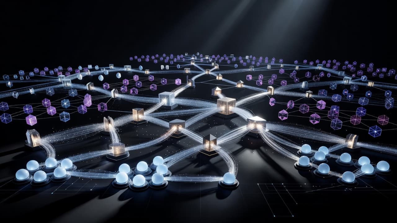 Glowing nodes representing digital pages connect via thin luminous lines against a dark background. The structure illustrates how visitors navigate from primary landing pages toward specialized internal site search result pages.