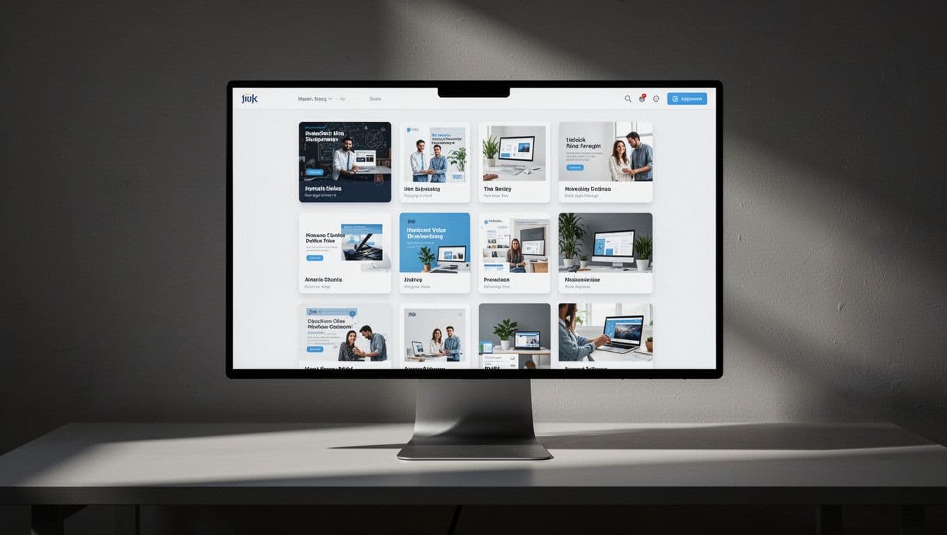 A high-contrast desktop monitor displays a structured grid of blog post placeholders in a clean layout. The screen rests on a sleek desk surface illuminated by soft cinematic window light.