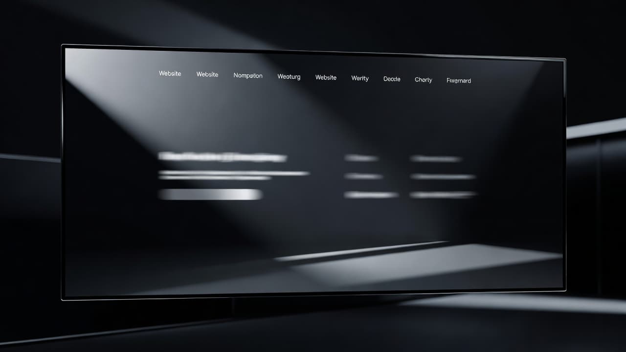 A high-contrast digital interface displays a series of sleek, vertical navigation links against a dark, moody background. Soft ambient lighting highlights the edges of the abstract menu structure and typography.
