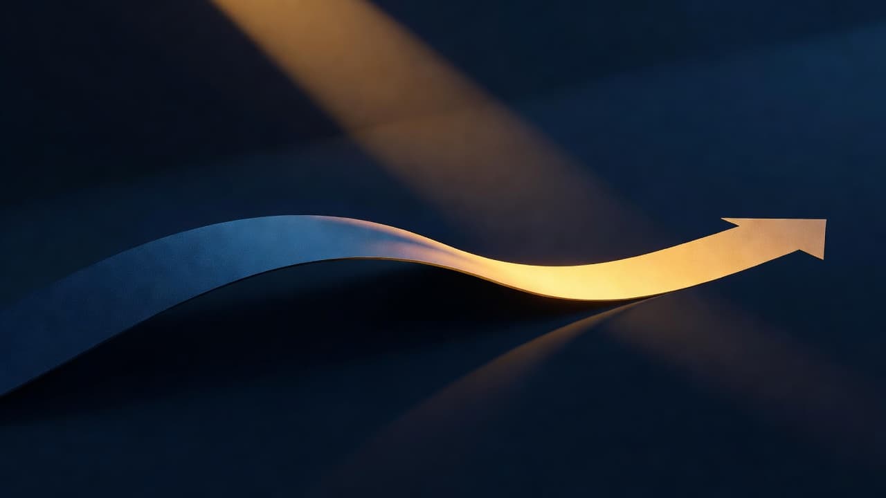An illuminated road curves elegantly into a new trajectory against a dark backdrop. The scene uses bold amber highlights and deep navy tones to signify a clear transition to a destination.
