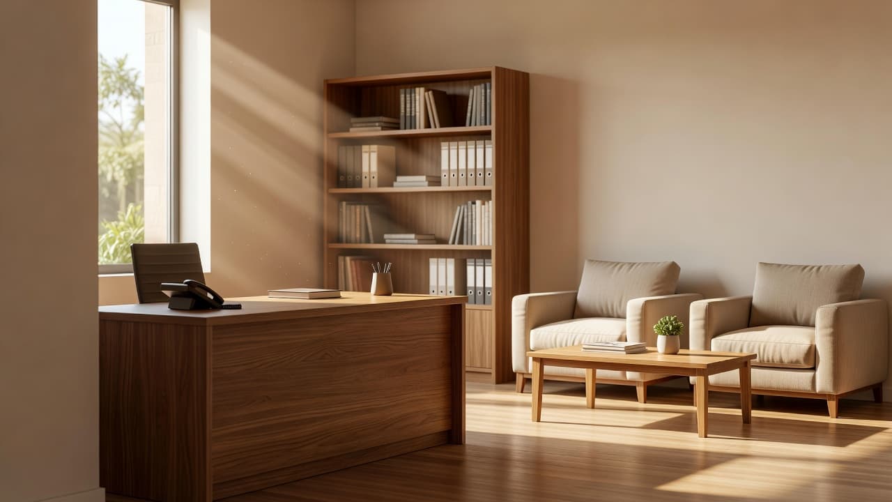 A tidy office front desk sits beside plush chairs under soft morning light. The arrangement features wooden surfaces and decorative plants that create an organized, inviting atmosphere for visiting clients.