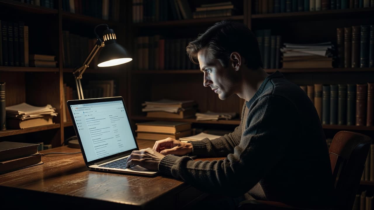 A focused person sits at a dark desk, illuminated by a warm lamp while analyzing data on a laptop. Shadows surround the cozy room, highlighting the screen glow and intense concentration.