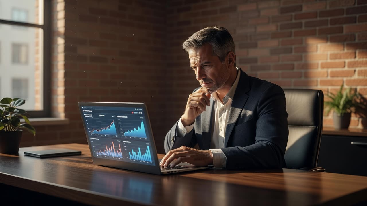A focused business owner reviews data trends on a laptop within a sunlit office.