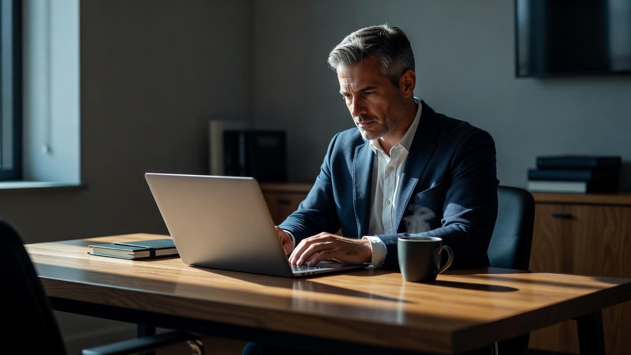 A business owner works on a laptop at a wooden desk with dramatic lighting.