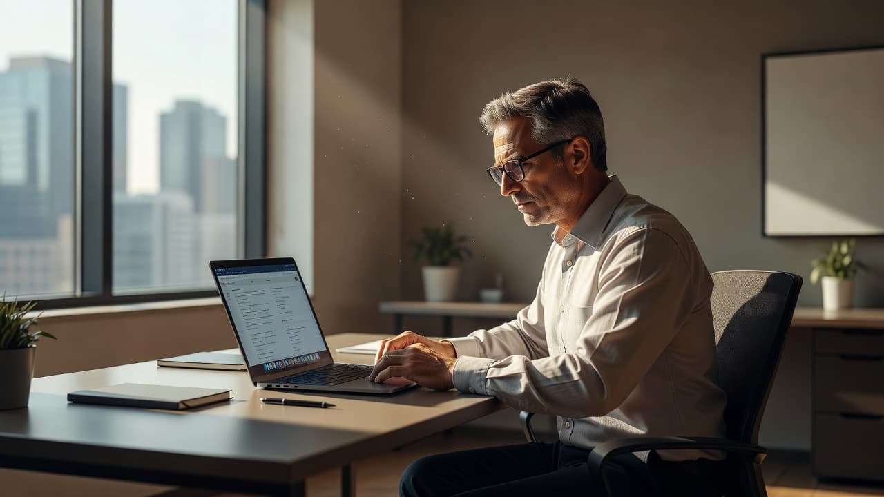 A focused professional working on a laptop at a sunny desk.