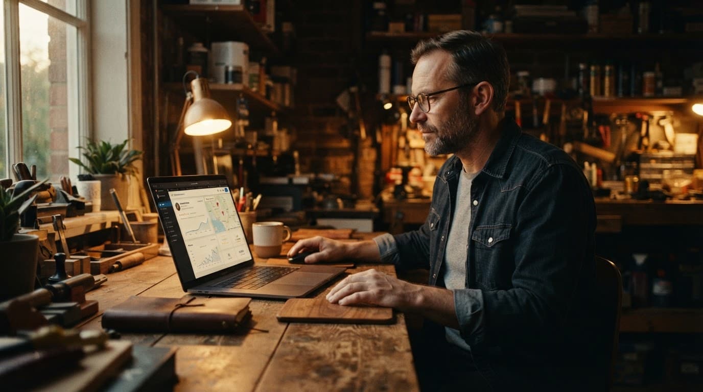A business owner reviewing profile data on a laptop at a wooden desk.