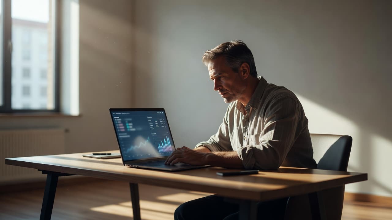 A business owner reviewing website analytics on a laptop in a bright office.