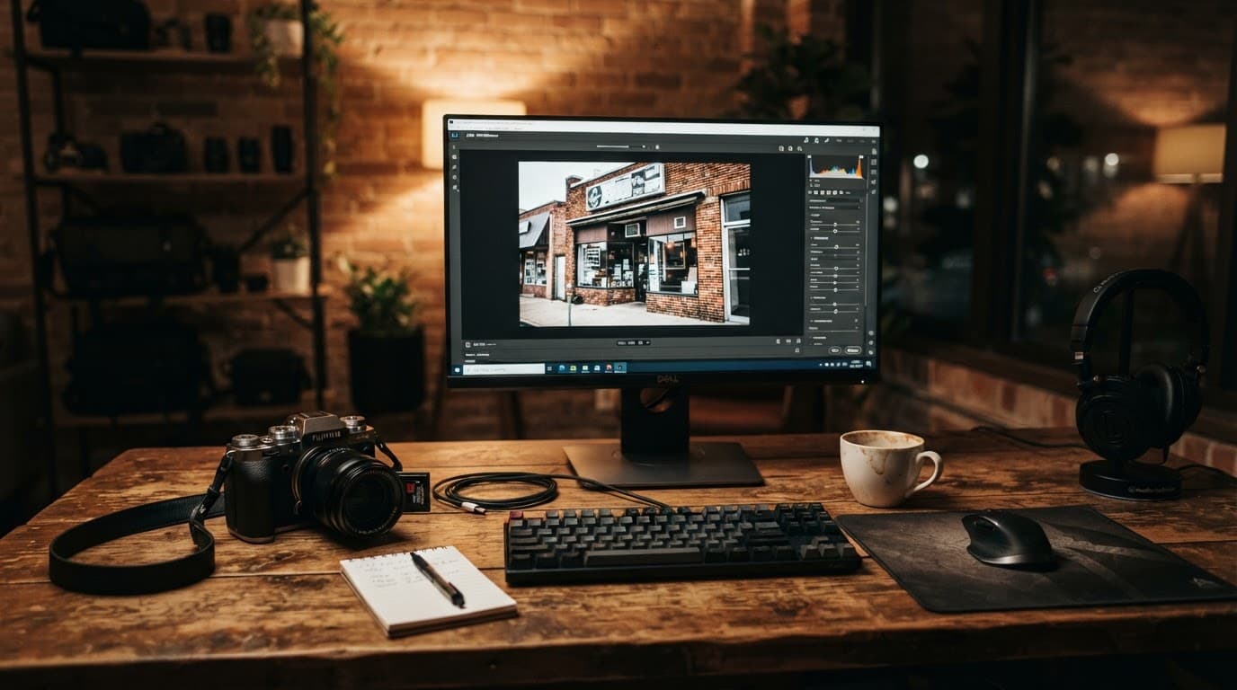A digital camera and editing software on a computer screen at a wooden desk.