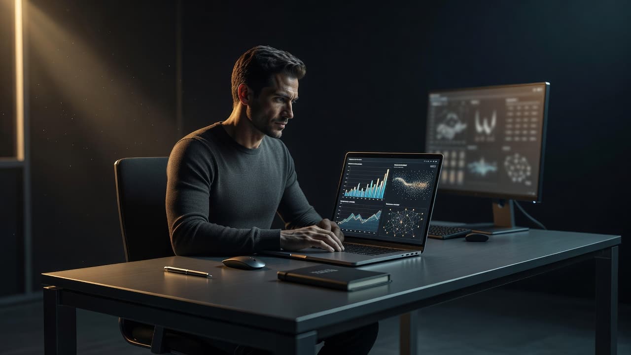 A person analyzes a glowing data dashboard on a laptop at a modern desk.
