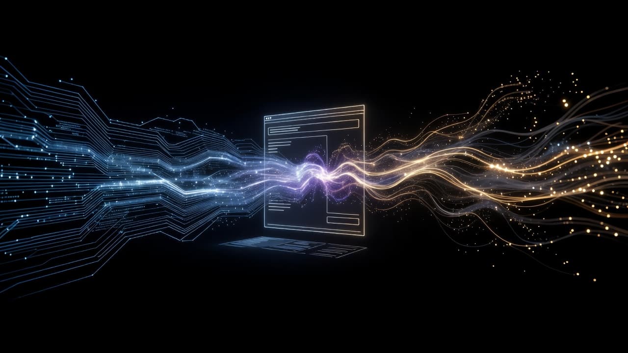 Glowing cyan and magenta light ribbons flow from opposite directions, merging into a central digital hub. These abstract streams represent disparate metrics flowing into a unified analytics dashboard with dramatic lighting.