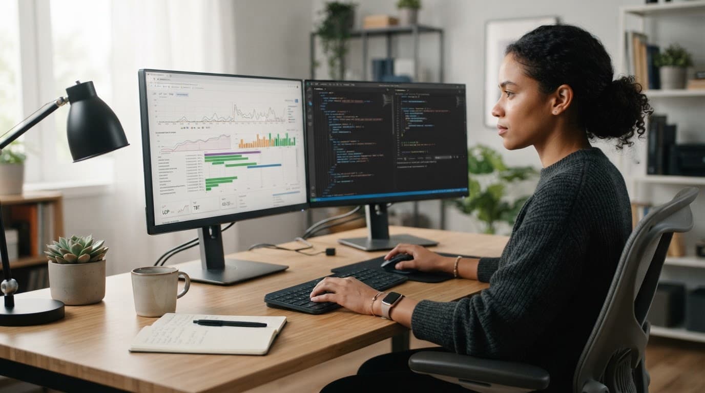 A developer works at a desk with dual monitors displaying performance charts and code.