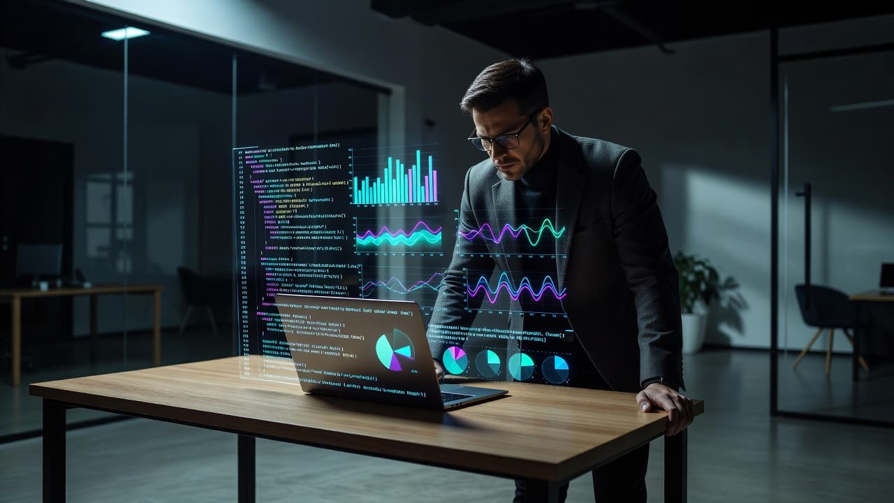 A focused professional sits in a dark modern office while viewing glowing code patterns and digital charts on a laptop screen. Vibrant blue and purple light illuminates their serious face.