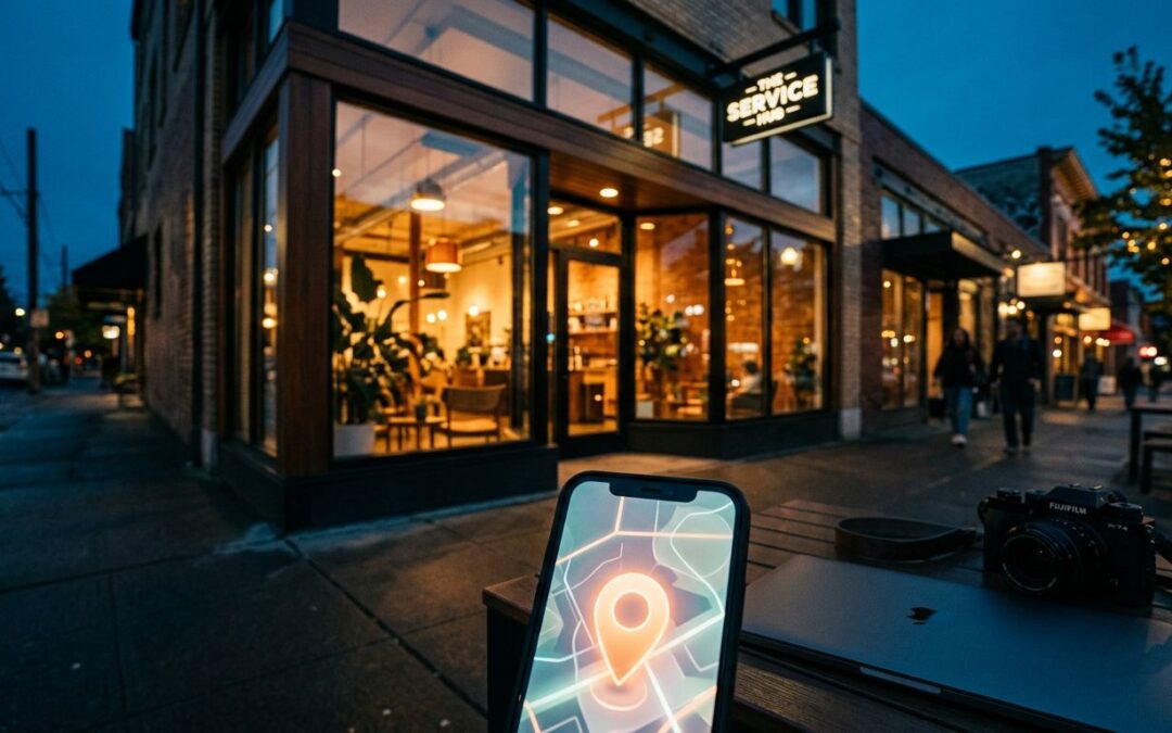 A glowing smartphone map pin in front of a warm local business storefront at dusk.