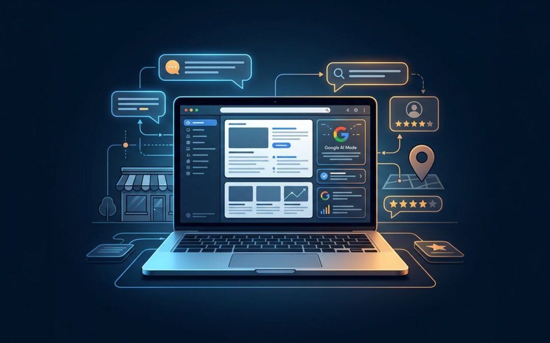 A laptop surrounded by glowing search bubbles, map pins, and data pathways on a navy background.