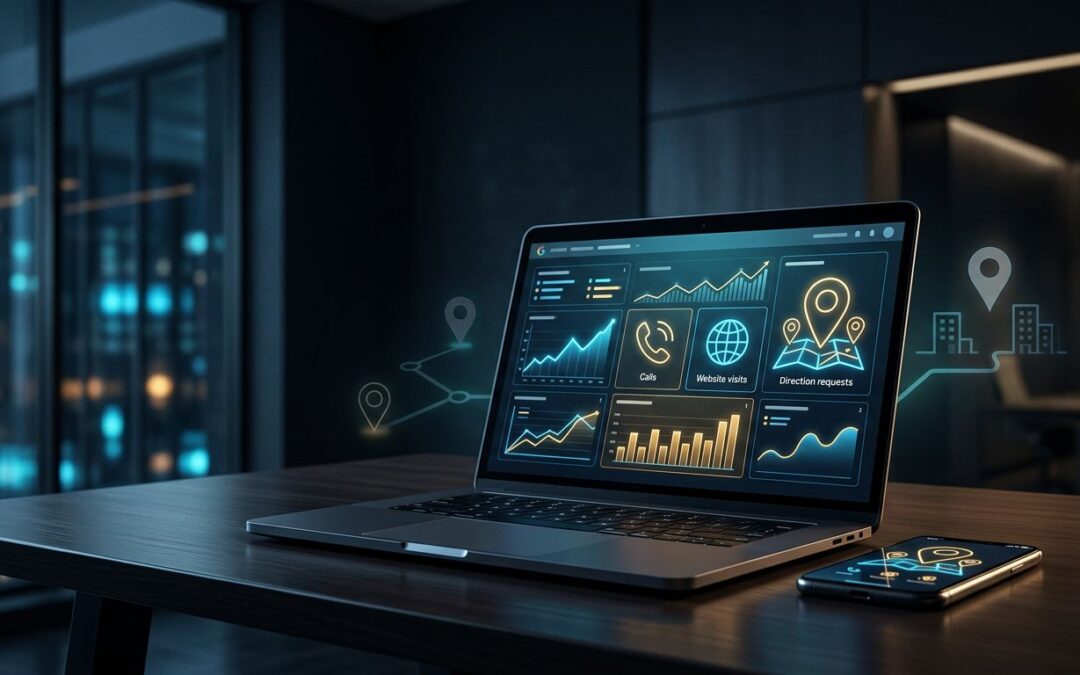 Laptop showing glowing business charts beside a smartphone and map markers.