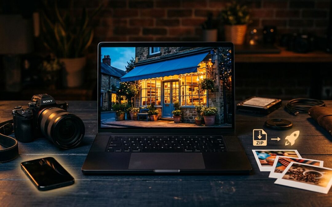An open laptop showing a local storefront beside a camera and organized product photos.