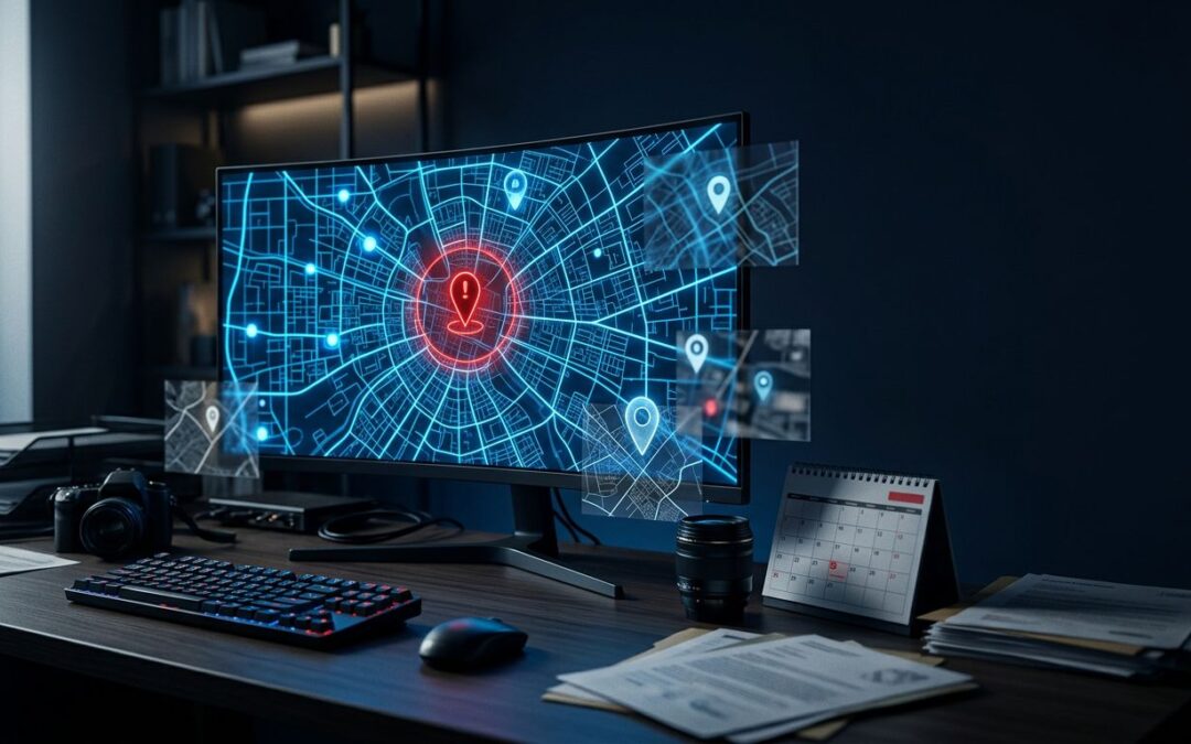 A glowing digital map with a red warning pin and surrounding evidence documents.