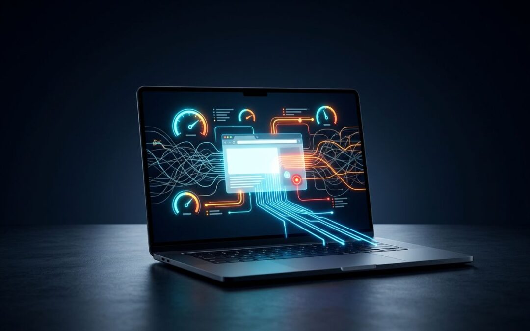 A laptop on a dark desk showing glowing speed gauges and network paths.