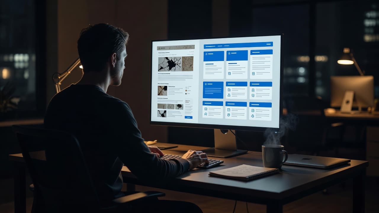 A person works at a dark, modern desk illuminated by warm accent lighting. They carefully refine a digital document on their screen, transforming cluttered data into a clear and organized layout.