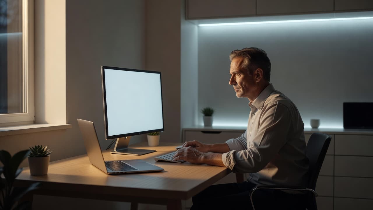 A focused entrepreneur sits at a minimalist desk examining a glowing computer monitor in a bright home office. Dramatic shadows frame the clean workspace, highlighting a thoughtful expression during digital assessment.