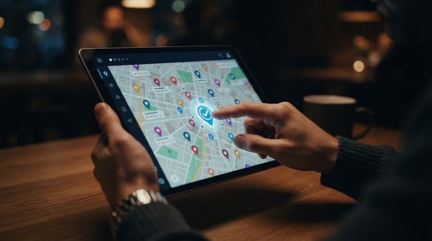 A glowing tablet displays a digital map interface with location pins for local businesses.