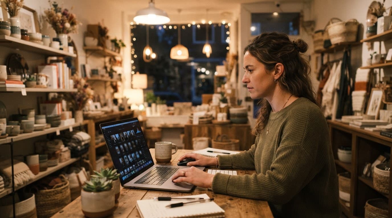 A shop owner using a laptop inside a cozy retail store with warm lighting.