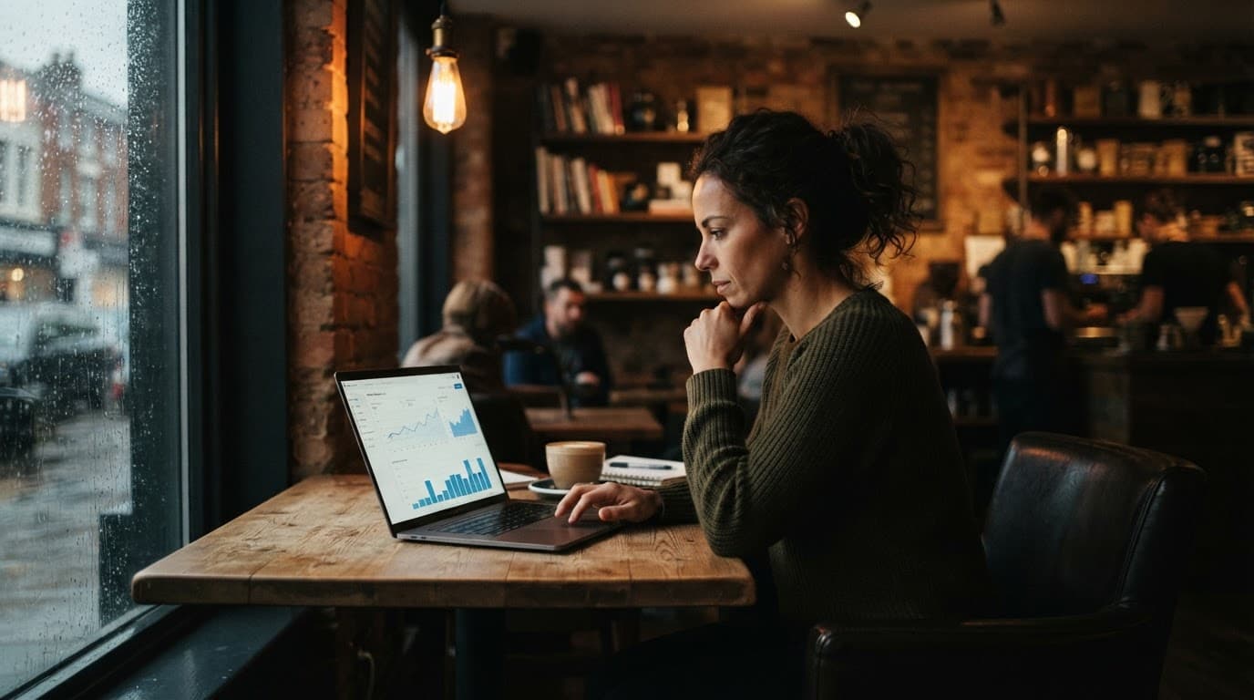 A business owner reviews charts on a laptop in a warmly lit coffee shop.