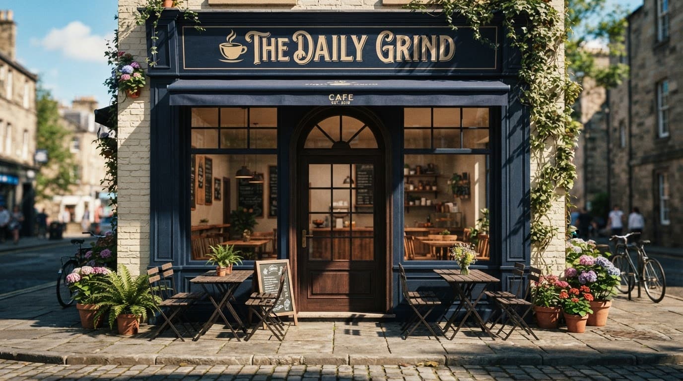 A cozy cafe exterior with outdoor tables and chairs on a sunny afternoon.