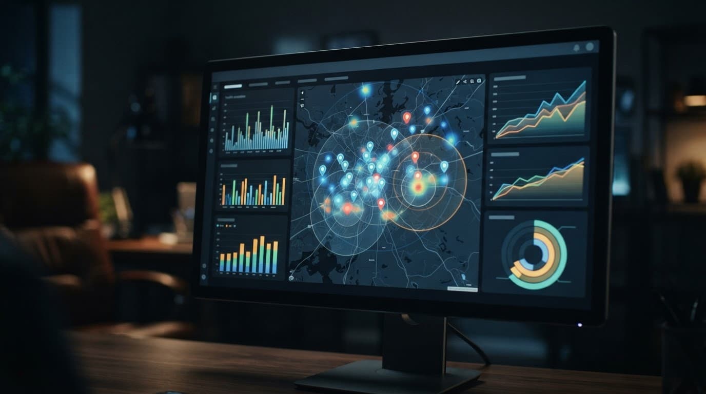 A computer screen showing business charts and map analytics in a dim office.