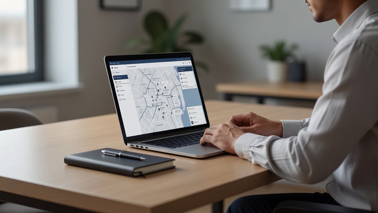 An open laptop showing a map interface on a clean wooden desk with soft lighting.