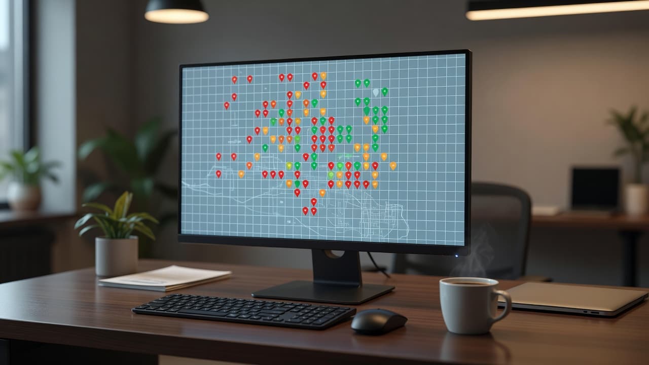 A computer monitor showing a map grid with ranking pins for a local SEO audit.