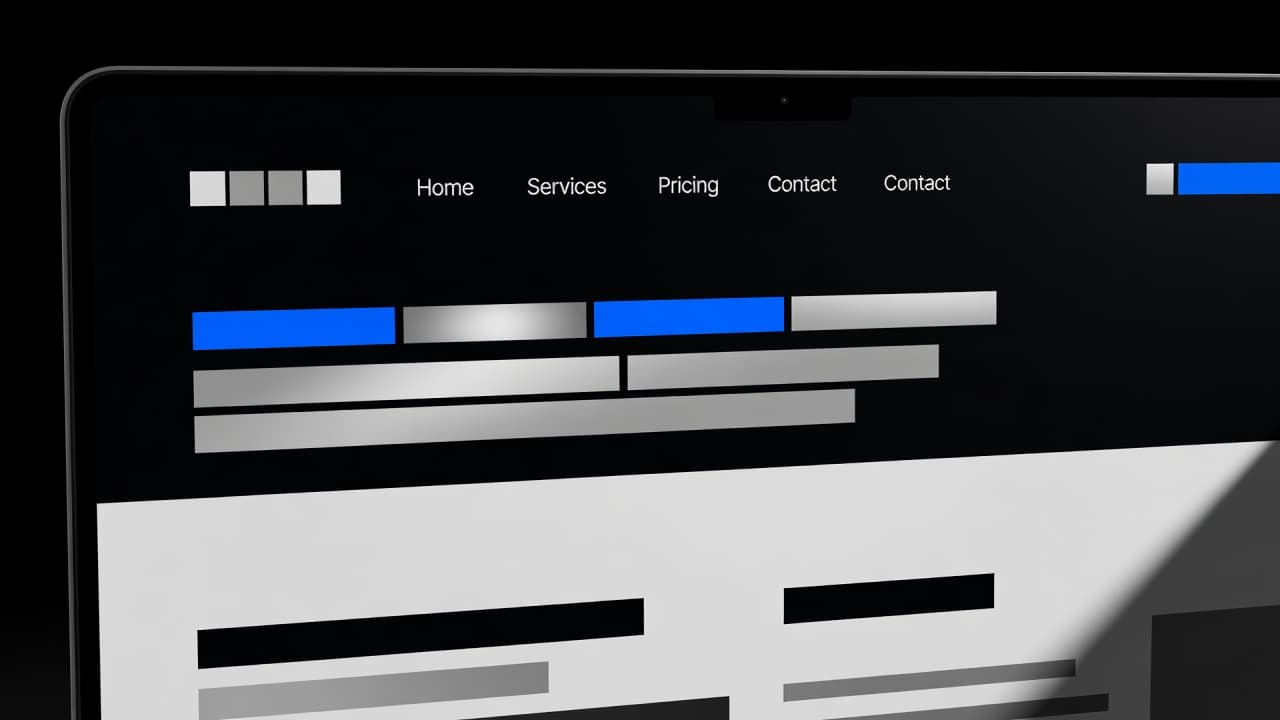 A sleek laptop screen displays a modern website layout featuring a clean navigation bar with abstract menu icons. Subtle shadows provide depth against the high-contrast background to emphasize professional user experience.