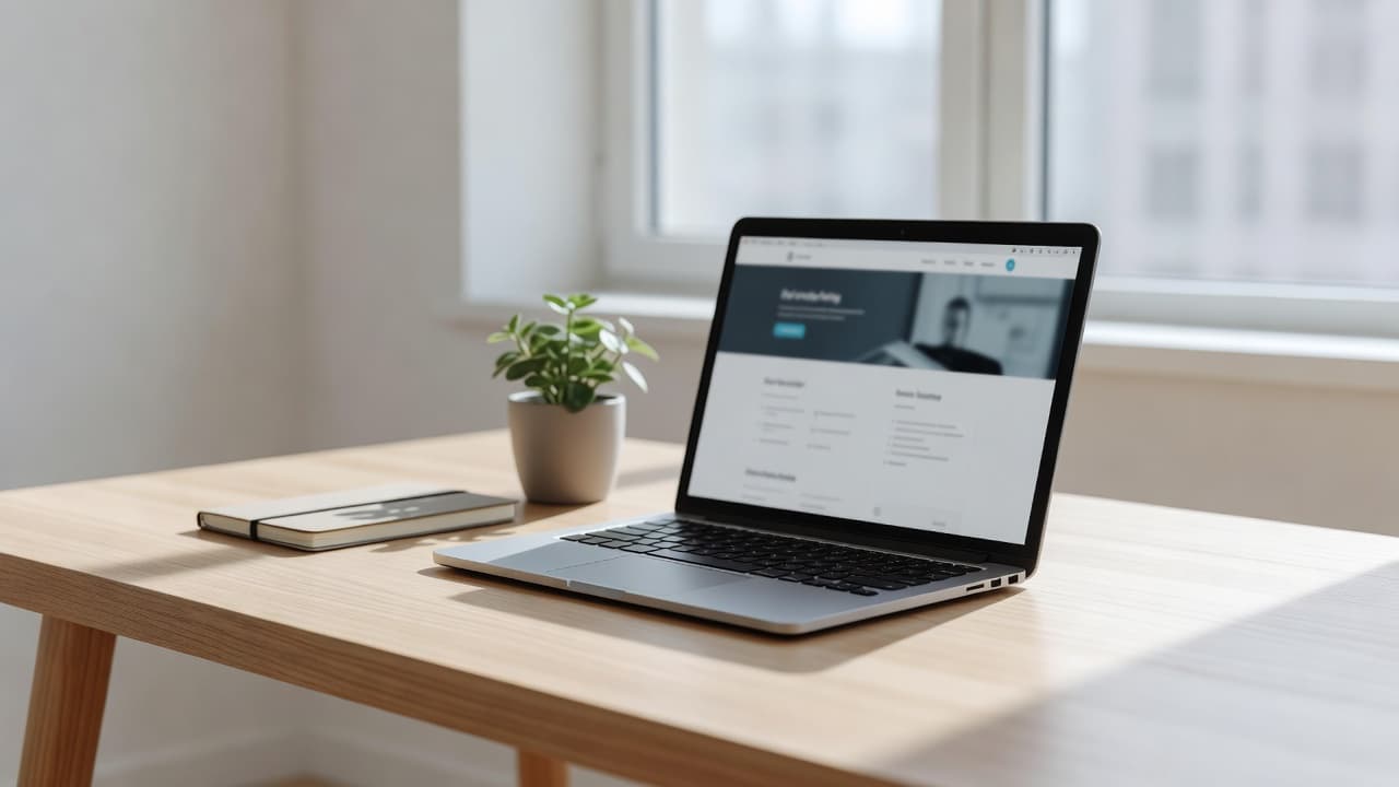 A sleek wooden desk features an open laptop displaying a professional website interface beside a small green succulent. Warm natural light flows through the window to illuminate the tidy workspace setup.
