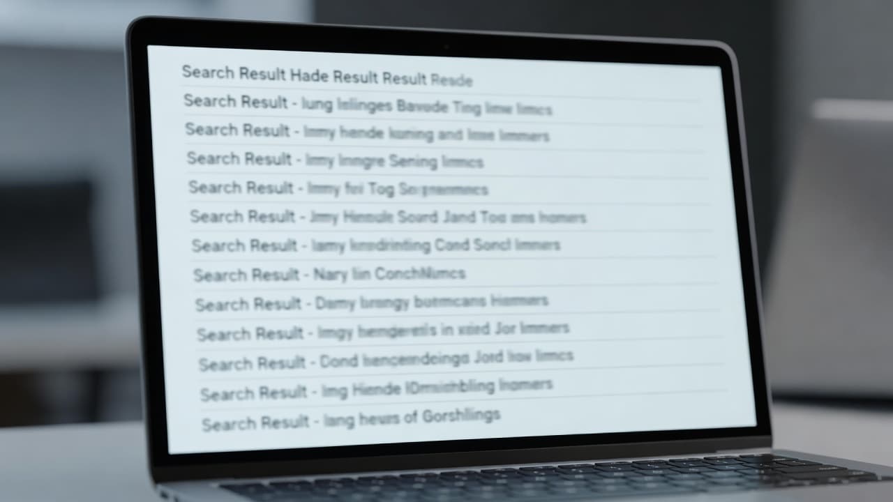 A close-up view focuses on a laptop screen displaying a clean, organized list of web search results. Cinematic ambient lighting highlights the professional interface while blurring the background for clarity.