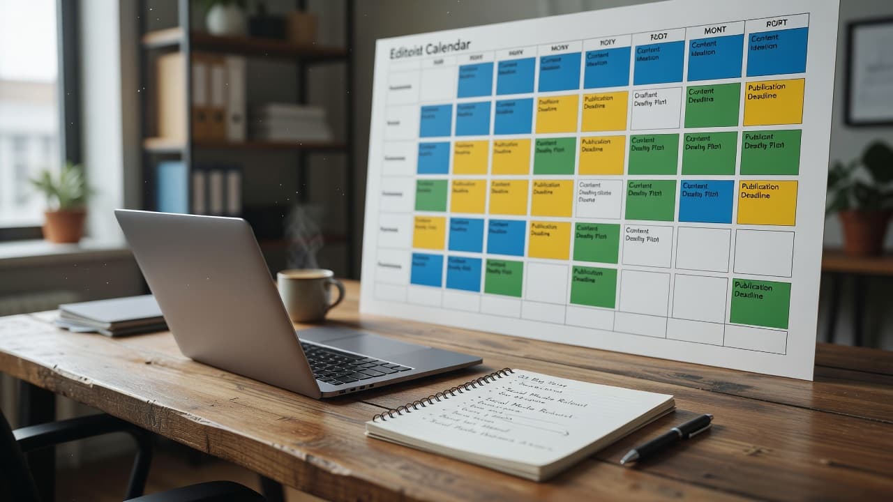 An organized desk with a laptop, notepad, and wall planner bathed in soft natural light.