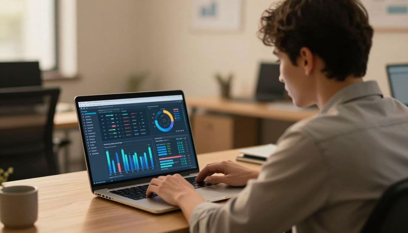 A person sits at a desk viewing complex data visualization charts on a laptop screen within a warmly lit, cinematic office environment. The professional focus remains steady on the digital metrics.