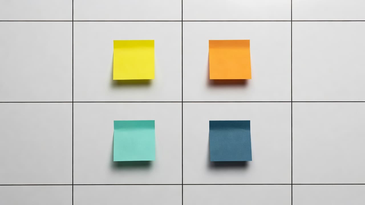 A white board showing a professional task prioritization matrix with colorful sticky notes.