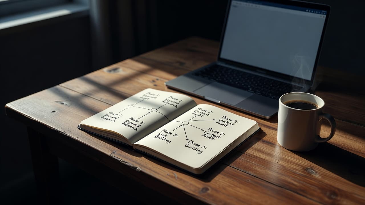 A laptop and notebook with a sketched roadmap sit on a desk beside a coffee mug under dramatic lighting.