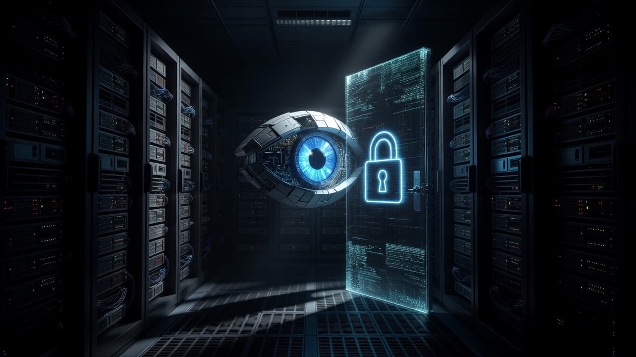A glowing mechanical eye peers intently at a shimmering digital gateway secured by a luminous padlock inside a dark, structured server room filled with deep blue shadows and sharp contrast.