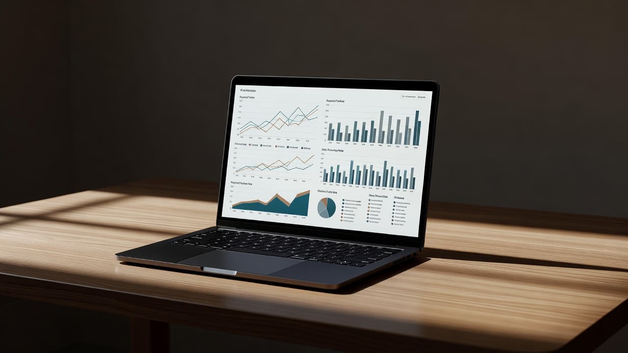 An open laptop on a wooden desk displays website traffic graphs under cinematic lighting.