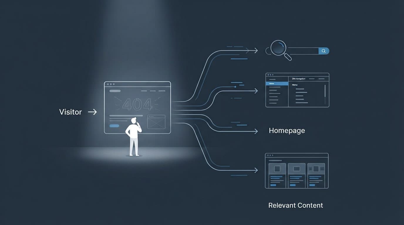 A person chooses four paths from a broken webpage to find useful content.