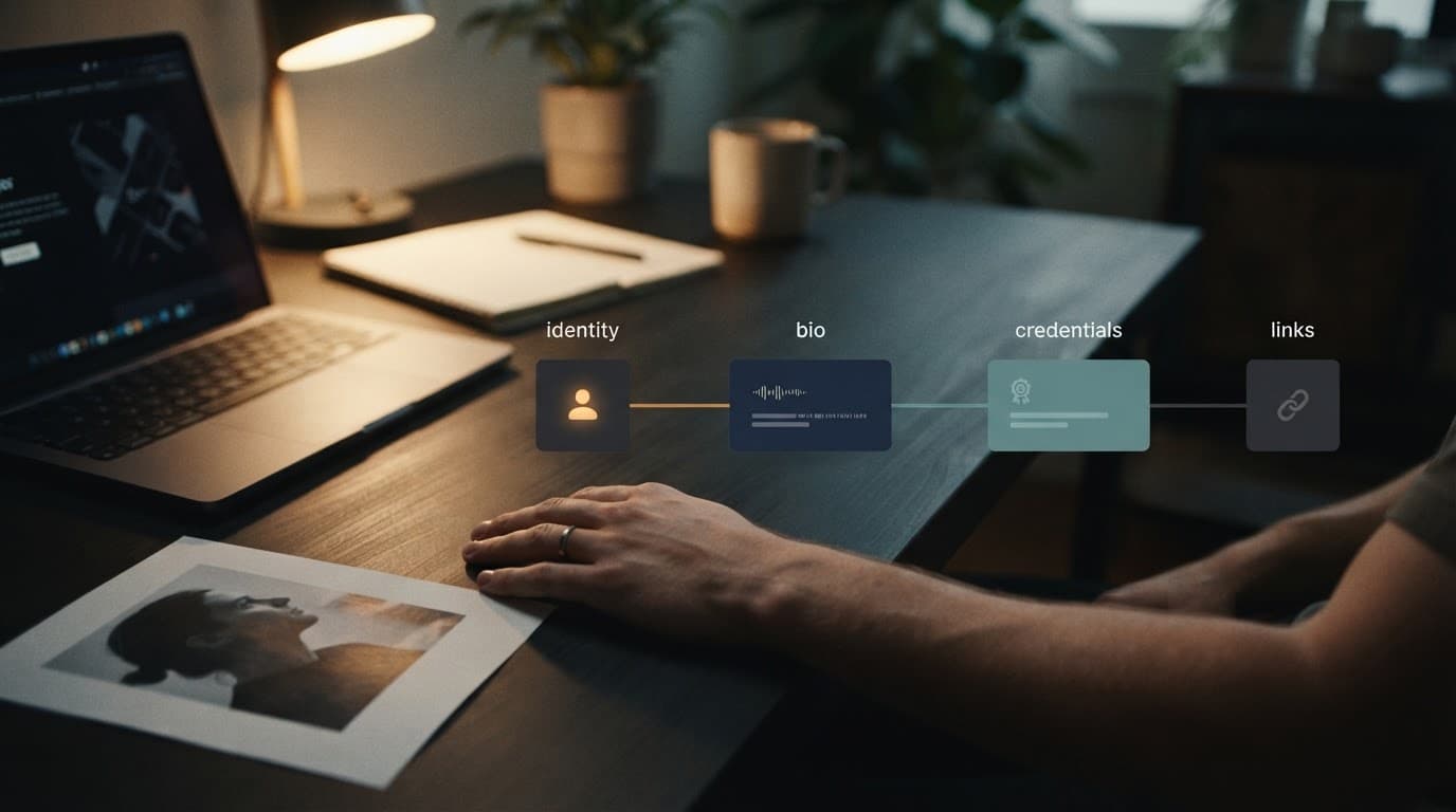 Laptop, profile photo, and colored blocks show an author page workflow on a desk.