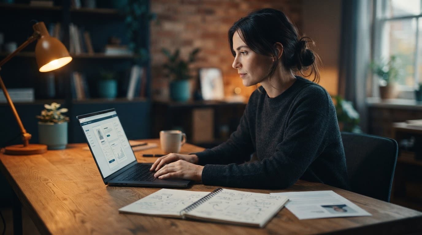 A content manager reviews an author profile on a laptop beside a notebook.