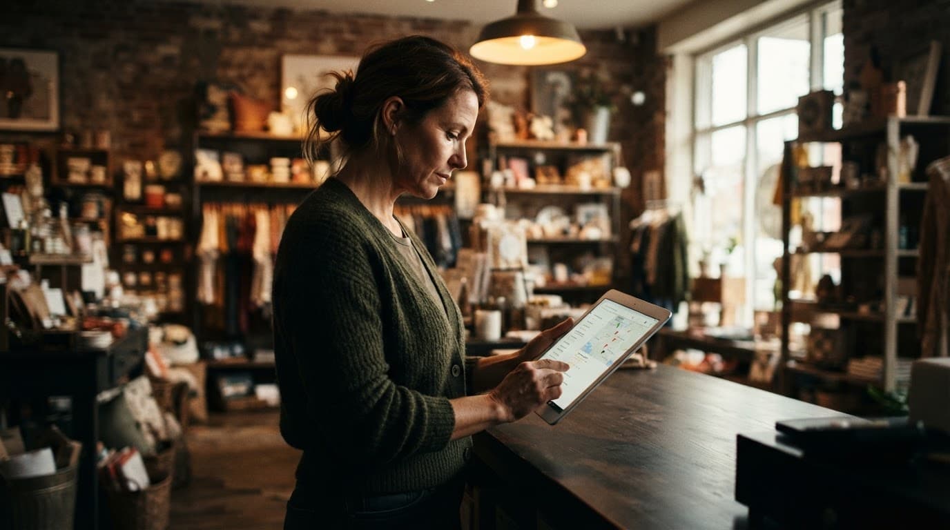 A store owner reviews a tablet beside merchandise in a bright boutique.