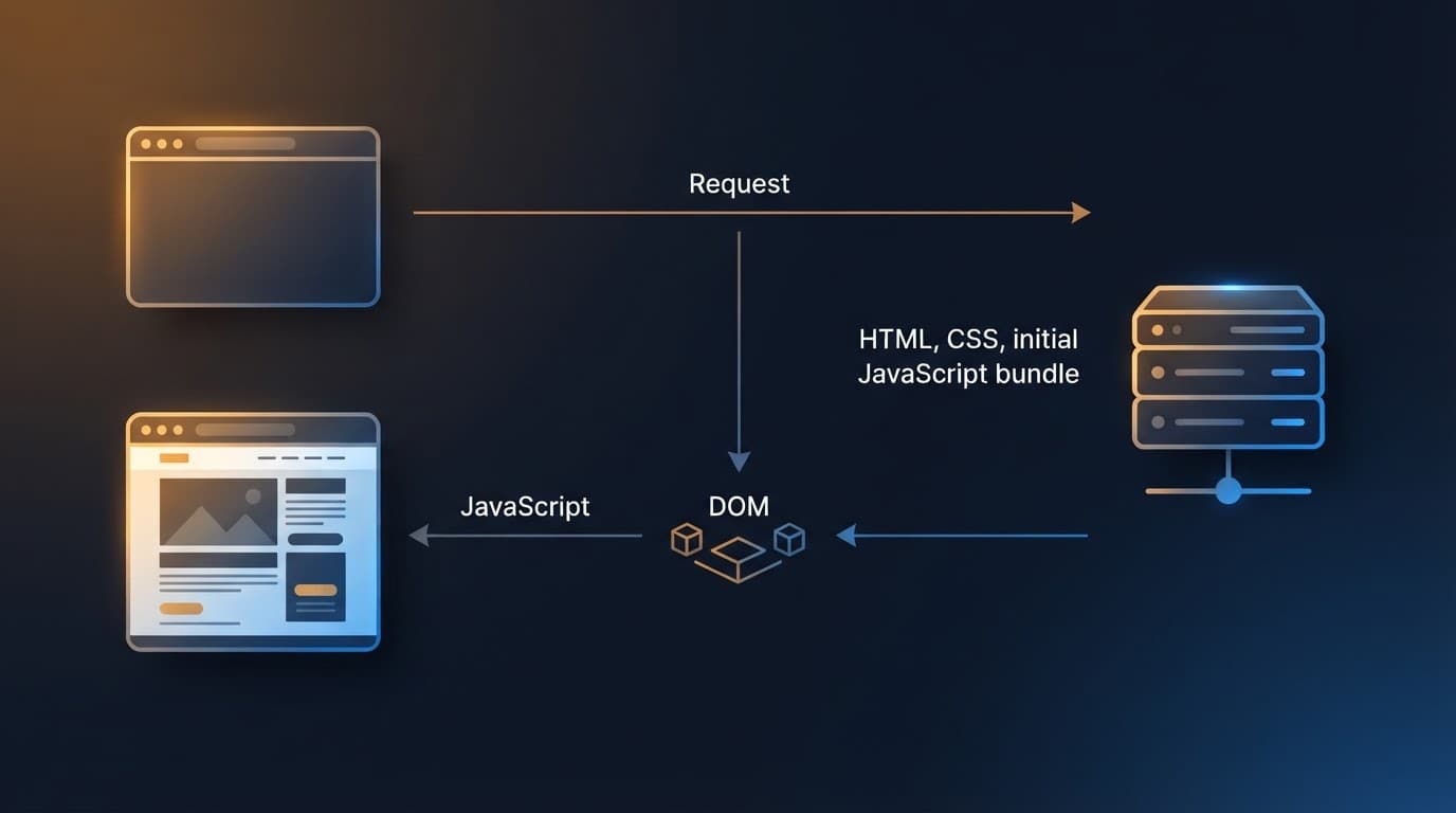 Diagram showing a browser and server connected by arrows for page rendering.