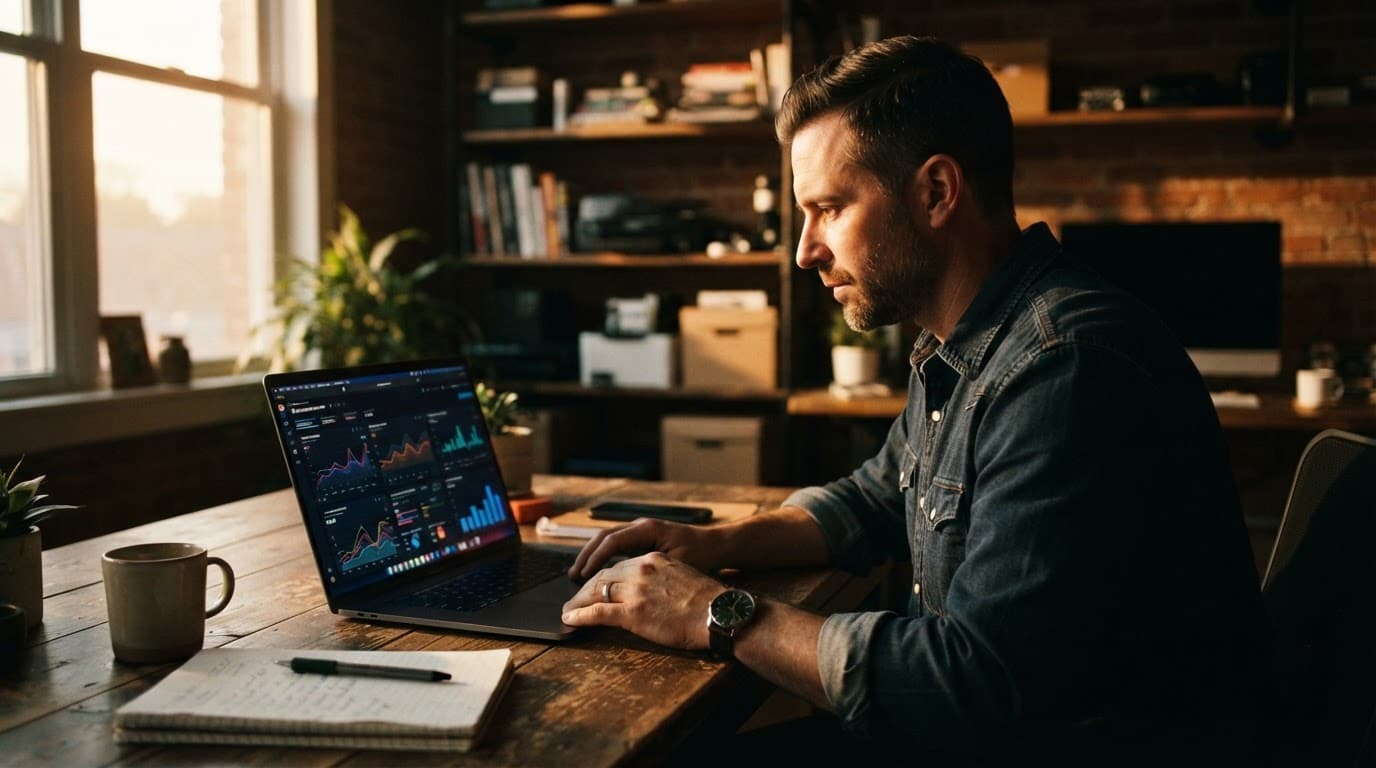 A business owner reviews website analytics on a laptop in a sunny office.