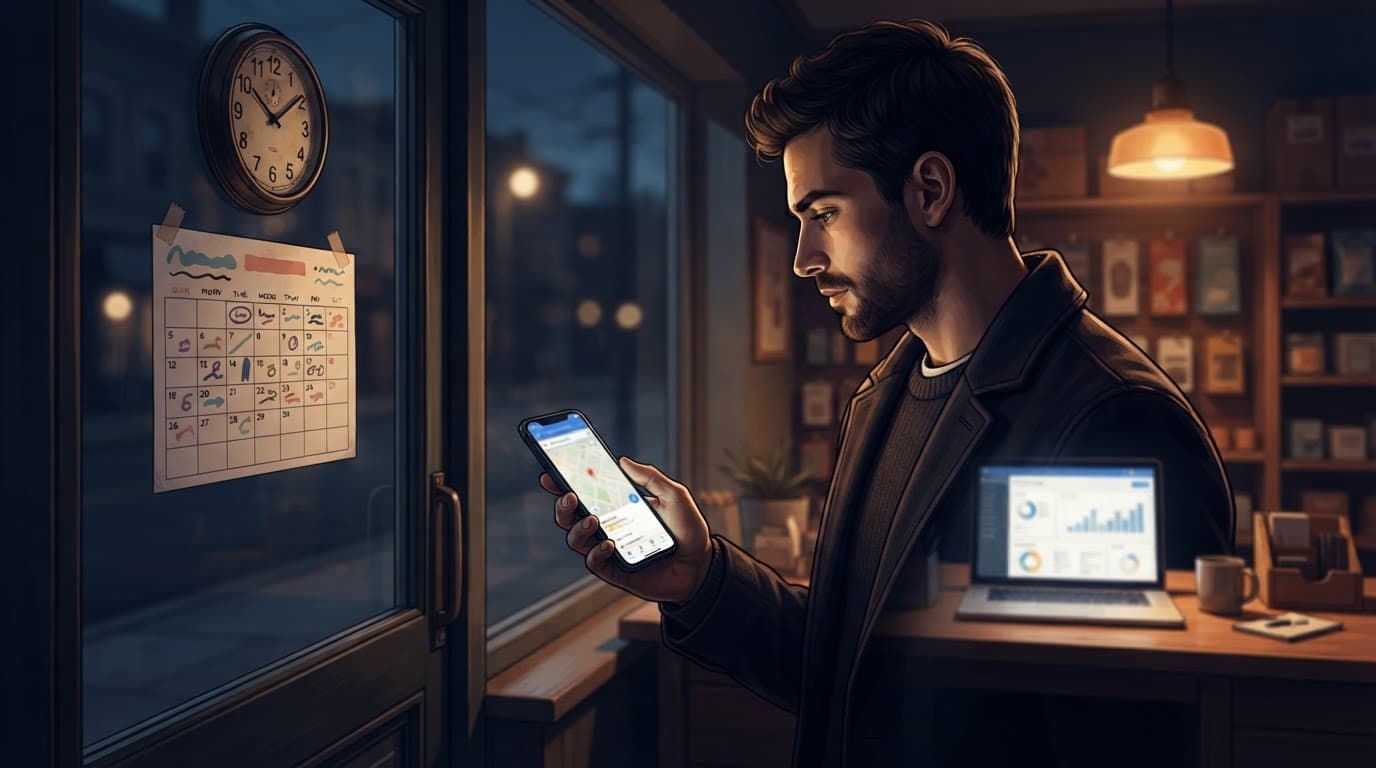 A marketer checks a smartphone beside a storefront calendar and laptop.