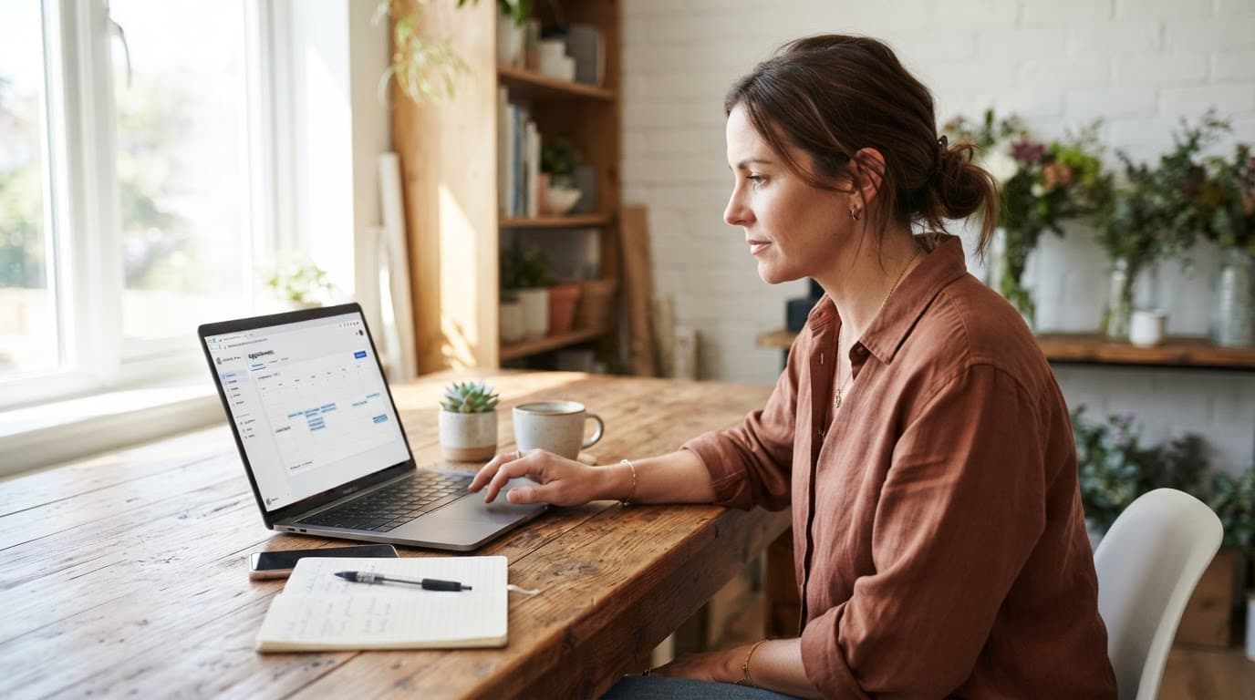 A business owner views a laptop at a wooden desk by a bright window.